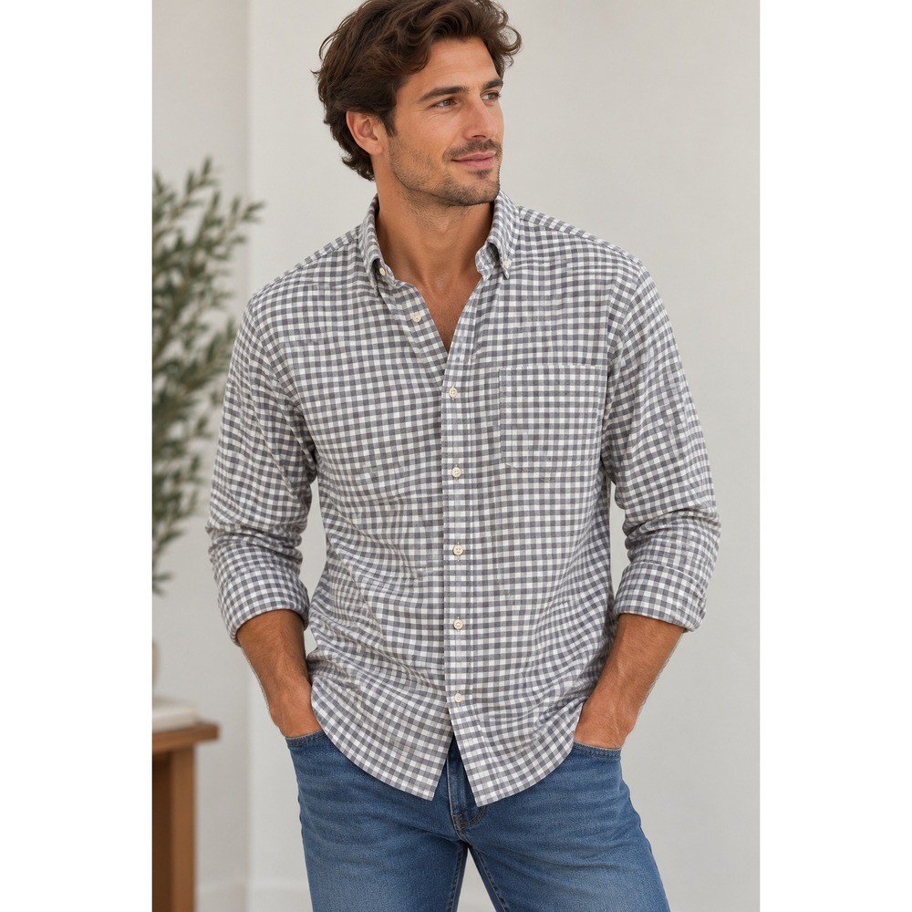 Stafford Travel Wrinkle-Free Oxford Dress Shirt Mens 17 36-37 Gray Gingham Check